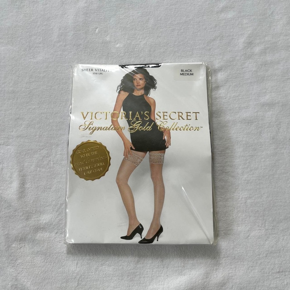 Vintage Victoria's Secret Sheer Vitality Stay Ups Pantyhose Black Sz Medium Lace